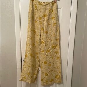 Yellow Leaf Print Wide-Leg Pants
